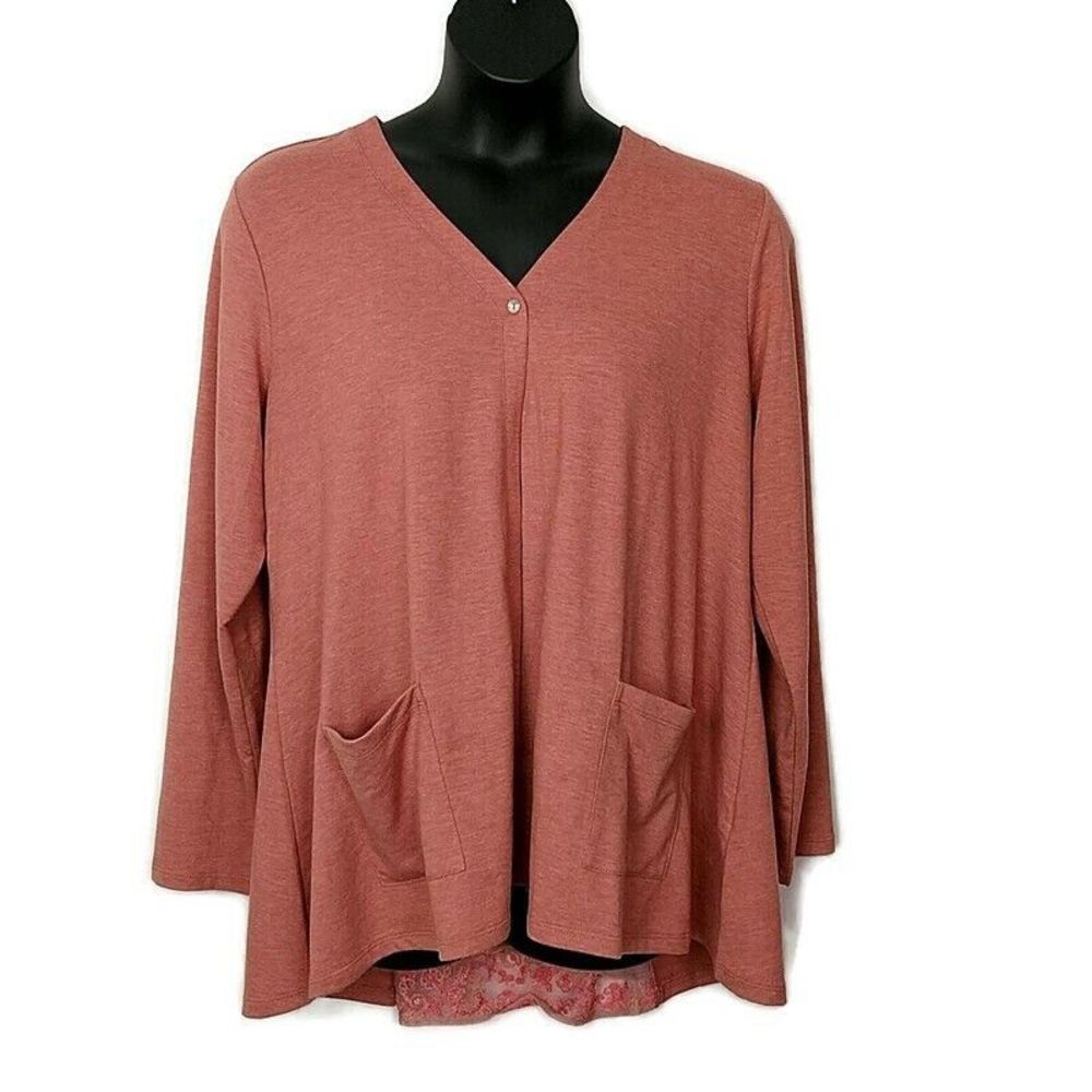 LOGO Womens sz XL Top Pink Floral Button Tie Back Sheer Panel V Neck Cardigan